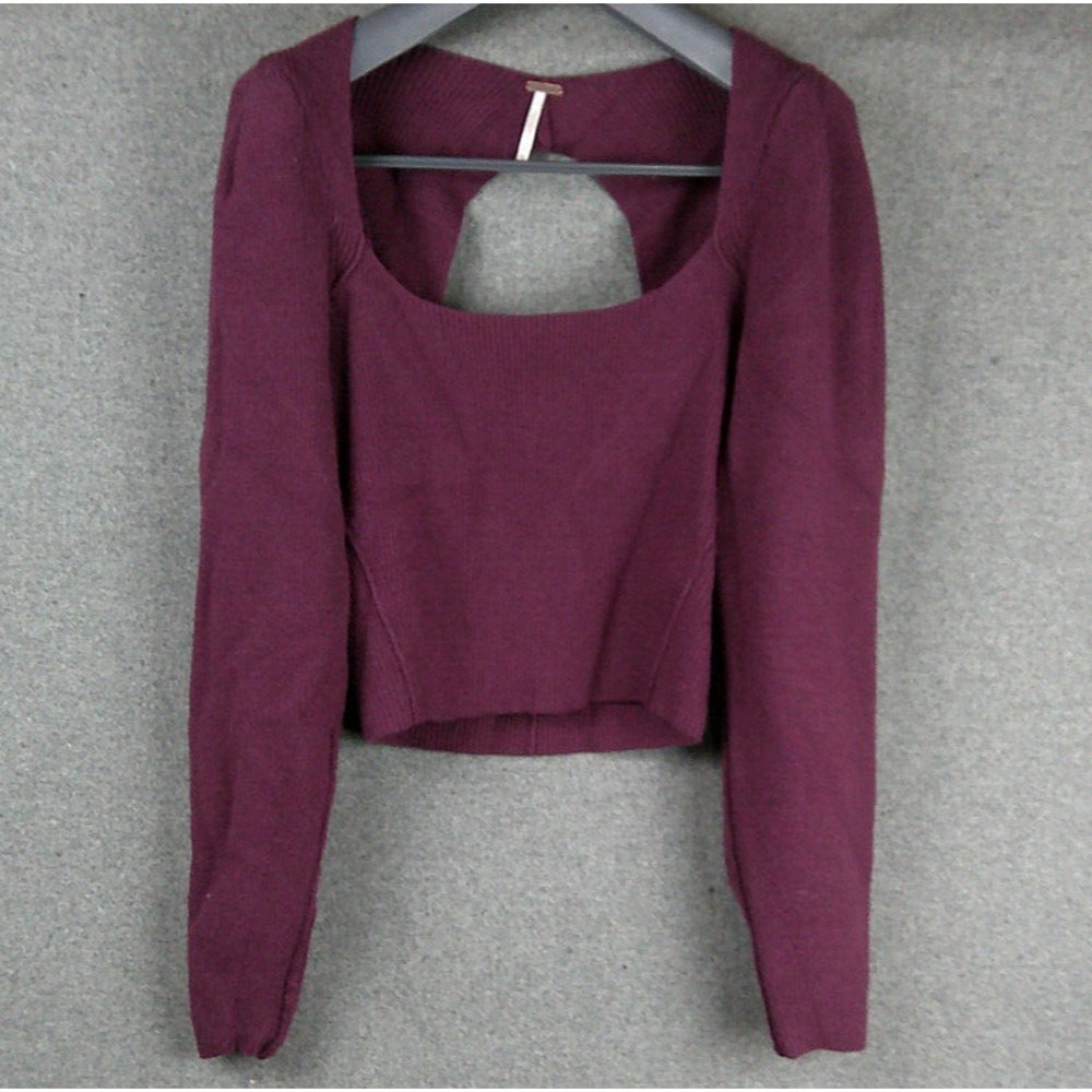 Free People Saffron Top Open Back Sweater Pomegranate Wine Puff Sleeve Size XS